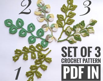 Set crochet patterns  branch. Сrochet motifs for Irish lace tutorial. Crochet instruction PDF.