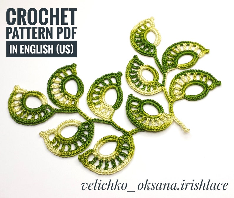 May include: Crochet pattern PDF in English (US) for a green and yellow leaf design. The pattern is available for download.