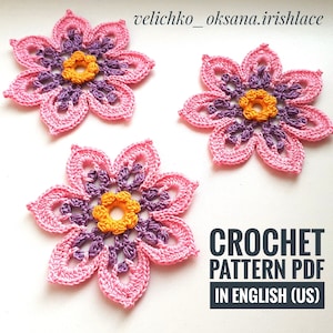 美しいかぎ針編みの花のパターン、レースの花のパターン、アイルランドのレースの花のモチーフ、花のアップリケ、かぎ針編みの花のチュートリアル。
