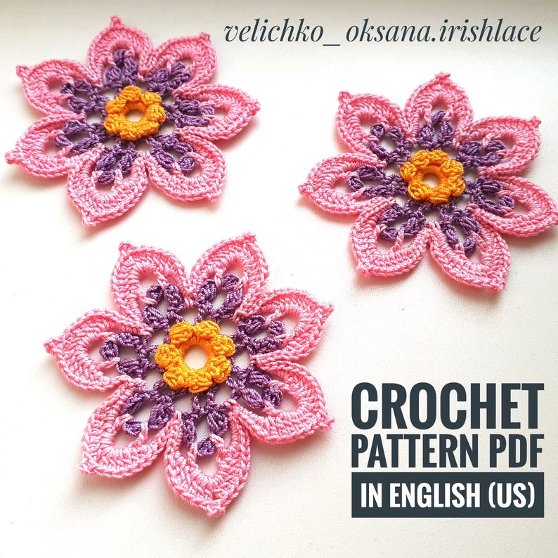 Beautiful crochet flower pattern Lace flowers pattern Motifs floral for Irish lace Blossom applique Crochet flowers tutorial. image 1