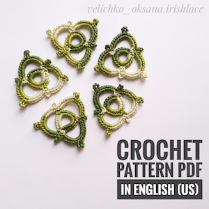 May include: Five green and cream crocheted motifs in the shape of a triangle with a circle in the center. The text "CROCHET PATTERN PDF IN ENGLISH (US)" is below the motifs.