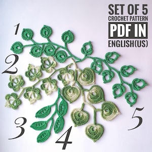 May include: Set of five crochet patterns for leafy motifs in green and white. The patterns are numbered 1 through 5. The text "SET OF 5 CROCHET PATTERN PDF IN ENGLISH(US)" is at the top of the image.