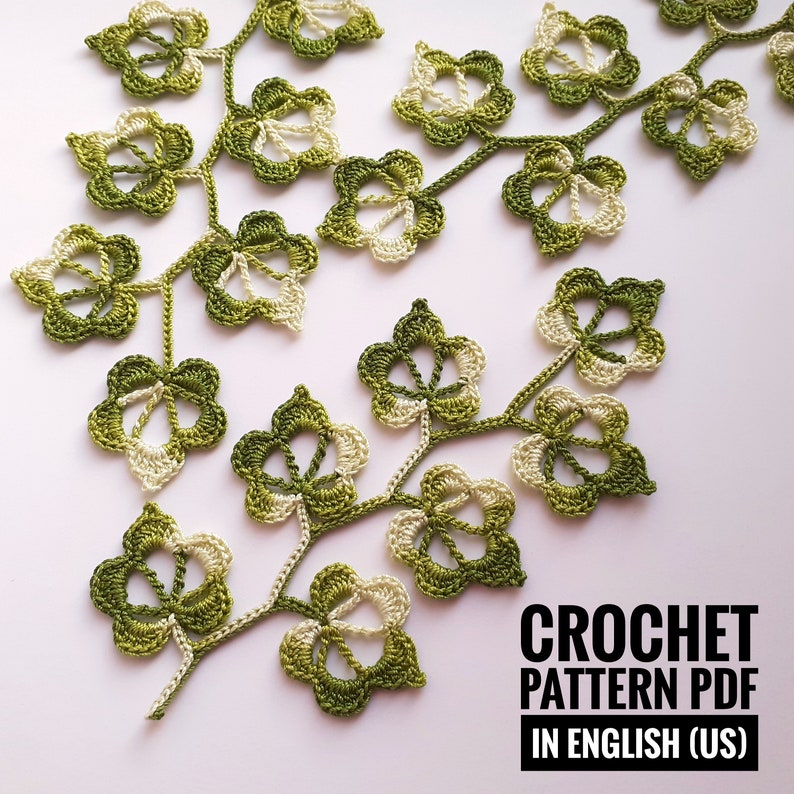 May include: Crochet pattern PDF in English (US) for a leafy vine design with green and white leaves.
