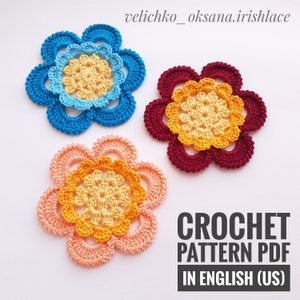Modello di fiori all'uncinetto Modello di fiori in pizzo Bellissimo fiore all'uncinetto Applicazione di fiori Motivi floreali per pizzo irlandese Fiore fatto a mano all'uncinetto