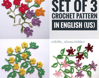 Set of 3 crochet patterns Crochet branch of leaves and flowers  Step by step crochet tutorial in PDF Сrochet motifs for Irish lace tutorial