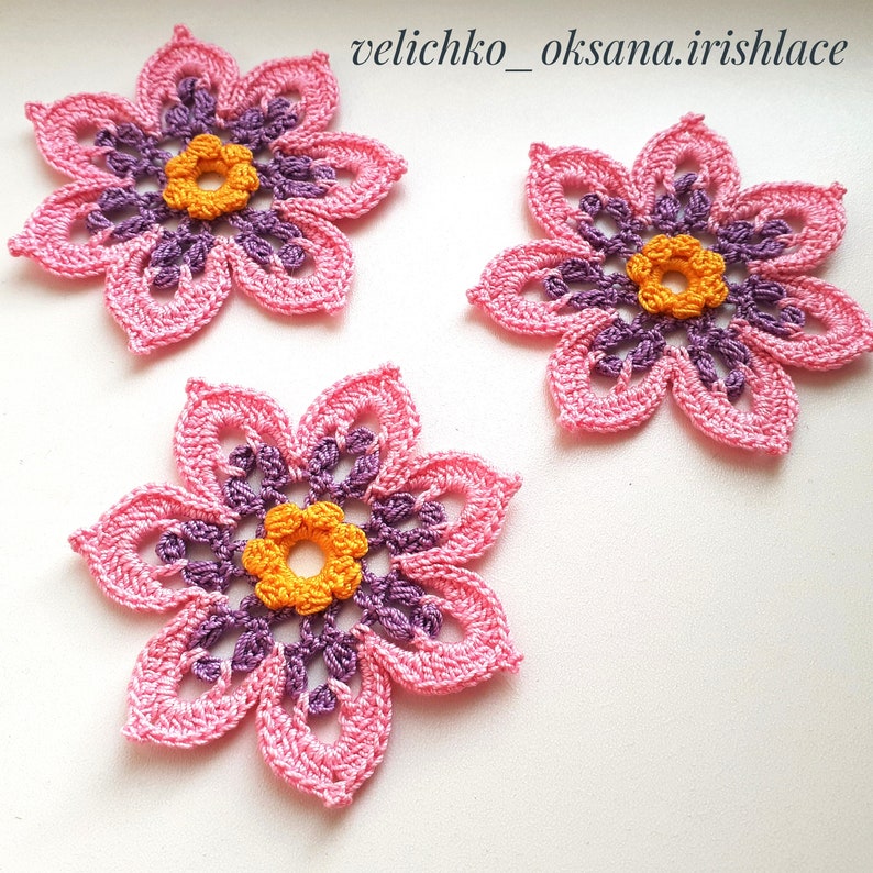 Beautiful crochet flower pattern Lace flowers pattern Motifs floral for Irish lace Blossom applique Crochet flowers tutorial. image 8