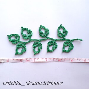 May include: Green crocheted lace design of a branch with leaves. The branch is about 6 inches long and has 7 leaves. The leaves are all the same size and shape. The design is delicate and intricate.