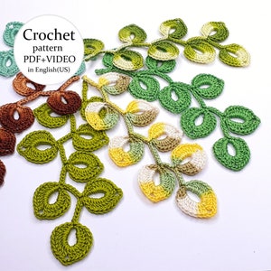 Crochet branch pattern. Crochet twig tutorial. Flower applique pattern. Instructions crochet vine with leaves PDF + VIDEO.