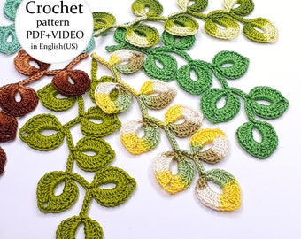 Crochet branch pattern. Crochet twig tutorial. Flower applique pattern. Instructions crochet vine with leaves PDF + VIDEO.