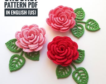 SET Crochet Roses Patterns Irish Crochet Flower Leaf PATTERN Irish lace pattern easy crochet leaves and flowers Crochet Flower Applique