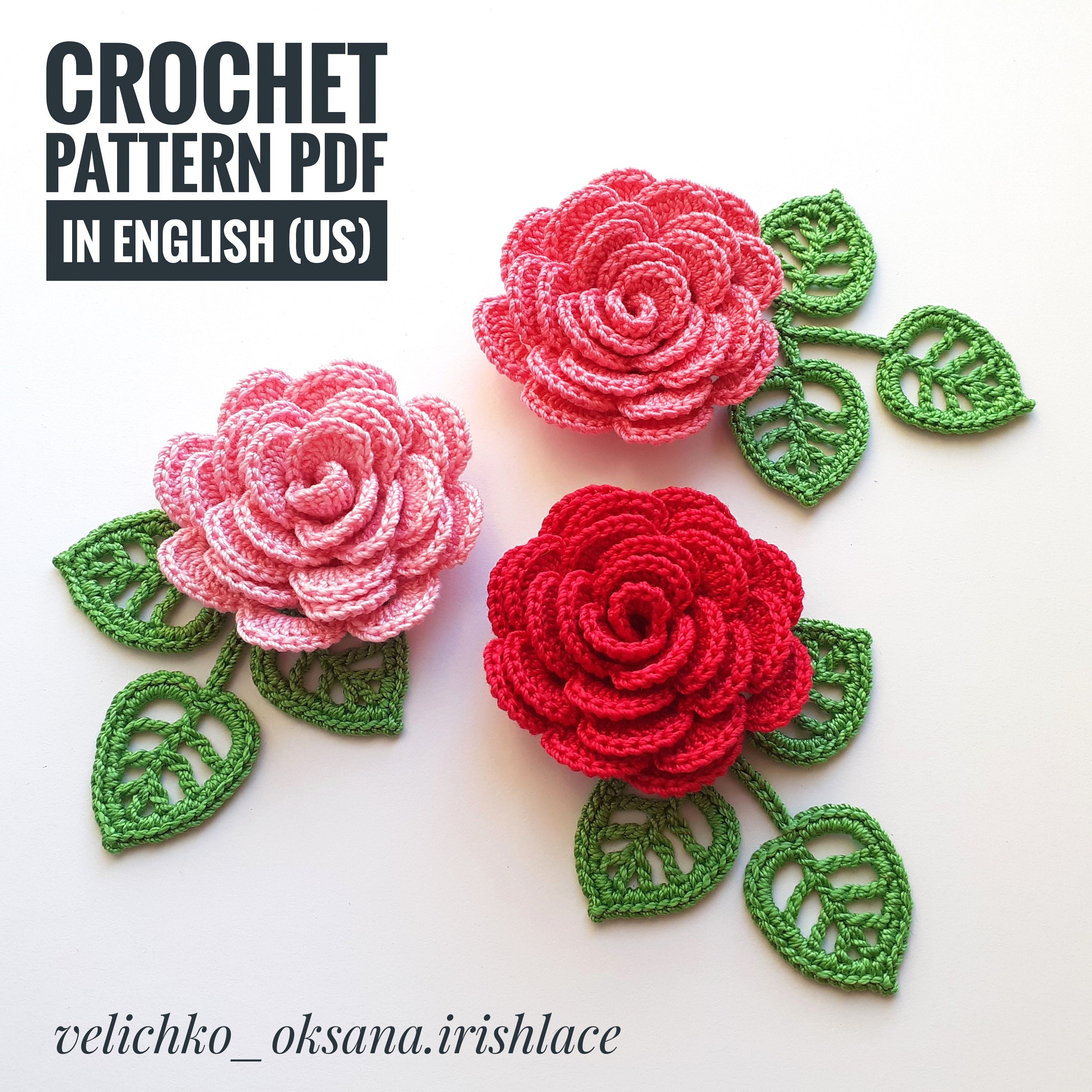 Crochet Rose & Leaf Pattern Set: Irish Lace Applique (PDF Pattern