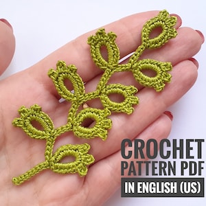 Crochet branch pattern. Crochet twig tutorial. Flower applique pattern. Instructions crochet vine with leaves PDF Leaf vine crochet
