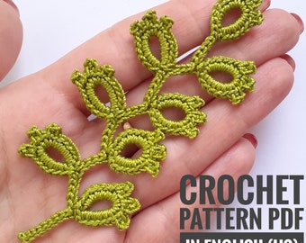 Crochet branch pattern. Crochet twig tutorial. Flower applique pattern. Instructions crochet vine with leaves PDF Leaf vine crochet