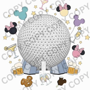 Peut inclure: Illustration avec une grande sphère géométrique entourée d'éléments de dessins animés. Comprend des ballons Mickey Mouse, des nœuds Minnie Mouse, des cocktails, des chopes de bière, des bretzels et une glace Mickey. Des étoiles jaunes sont dispersées.