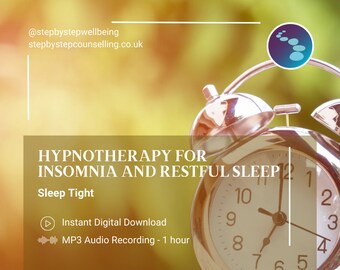 May include: A silver alarm clock with a white face and black numbers. The clock is set to 12:00. The text "HYPNOTHERAPY FOR INSOMNIA AND RESTFUL SLEEP" is displayed above the clock. The text "Sleep Tight" is displayed below the clock. The text "Instant Digital Download" and "MP3 Audio Recording - 1 hour" are displayed below the clock.