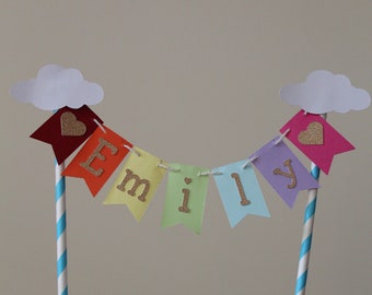 Cloud Rainbow Bunting Cake Topper, Personalised Cake Topper, Birthday Bunting Cake Topper