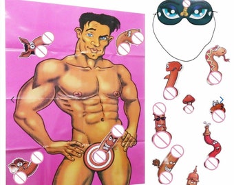 May include: A pink and white game board with a cartoon image of a man's torso. The game includes a blindfold and several small, colourful stickers with cartoon faces. The game is called "Pin the [censored] on the [censored]"