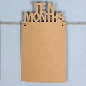 May include: A brown wooden banner with the words "TEN MONTHS" cut out. The banner is strung on a twine string.