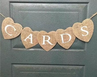 Cards Table Burlap Bunting Sign - Natural Hessian Heart Banner - Wedding Gifts Table Decoration - Banner