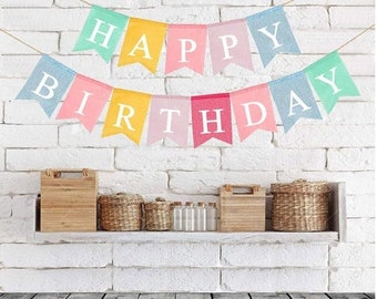 HAPPY BIRTHDAY BUNTING Hessian Party Banner Decoration Decor Burlap