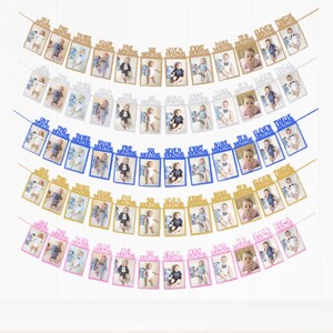 May include: Five different colored photo banner garlands with gold glitter numbers and the words "one month", "two months", etc. up to "twelve months". Each banner has 12 photo frames.