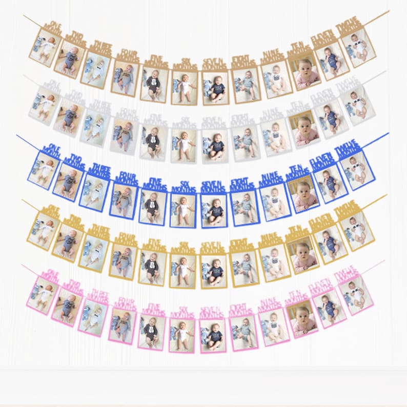 May include: Five different colored photo banner garlands with gold glitter numbers and the words "one month", "two months", etc. up to "twelve months". Each banner has 12 photo frames.