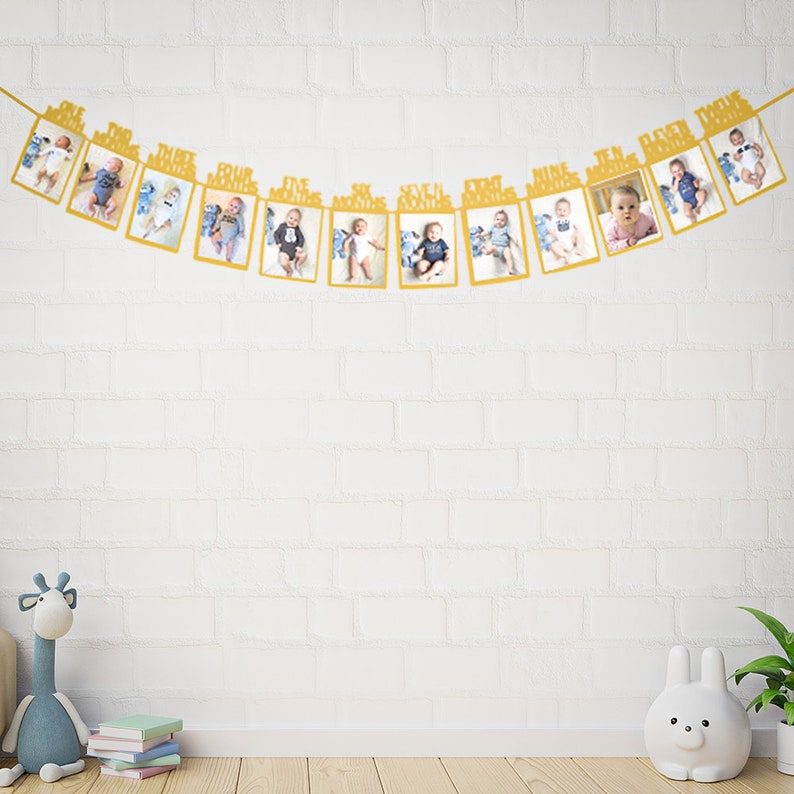 First Birthday Banner 12 month Flags Bunting Decor Decoration 1st —-12FLAG—- Gold glitter