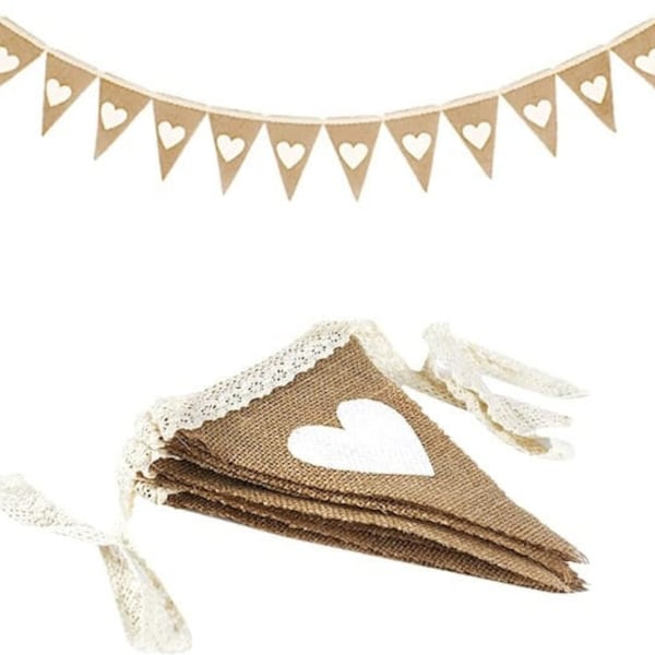 Love Heart Bunting Banner Hessian Garland Wedding Decor Decoration Rustic Lace