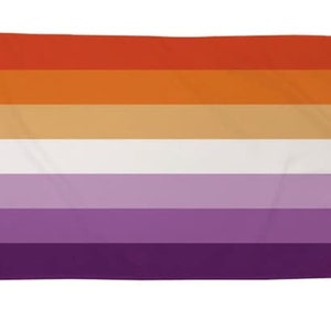 May include: A lesbian pride flag with six horizontal stripes. The stripes are orange, light orange, beige, white, light purple, and purple.
