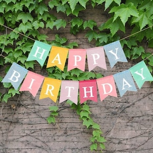 HAPPY BIRTHDAY BUNTING Hessian Party Banner Decoration Decor Burlap zdjęcie 4