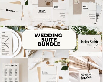 May include: Wedding suite bundle with a white background and brown accents. The bundle includes a menu, RSVP card, details card, take a seat card, and table number cards. The text on the cards includes "Nate and Jessica", "Wedding Suite Bundle", "Take a Seat", "Details", "Menu", "RSVP", and "Jaclyn Smith - Table One".