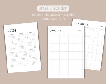 2024 year at a glance and 2024 monthly calendar (11 x 17 in)