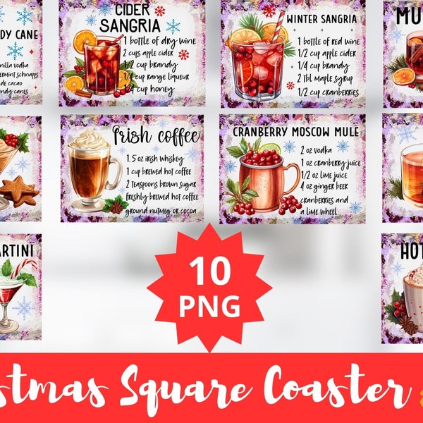 10 Christmas Square Coaster Sublimation Bundle, Christmas Coaster Bundle, Cocktail Recipe Design PNG for Christmas Crafts - Digital Download