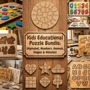 Peut inclure: Un ensemble de puzzles éducatifs en bois comprenant des lettres de l'alphabet, des chiffres, des animaux, des formes et des véhicules. Le lot inclut plusieurs planches avec des découpes et des pièces individuelles, avec une plaque centrale portant l'inscription Kids Educational Puzzle Bundle: (Alphabet, Numbers, Animals, Shapes & Vehicles).
