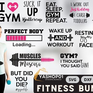 Peut inclure: Un ensemble graphique sur le thème du fitness avec des citations et des illustrations sur l'entraînement. Comprend des phrases comme "Live, Love, Lift Gym" et "Eat, Sleep, Gym, Repeat". Une femme tient des haltères, portant un t-shirt avec le texte "Don't Stop Until You're Proud."