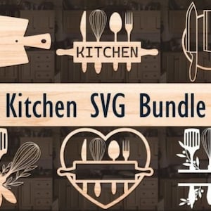 Könnte beinhalten: Ein Set mit 10 Küchen-SVG-Schnittdateien mit verschiedenen Küchenwerkzeugen und -utensilien, darunter ein Nudelholz, ein Schneebesen, ein Spatel und Messer. Die Designs sind perfekt, um individuelle Küchendekorationen, Schilder und mehr zu erstellen.