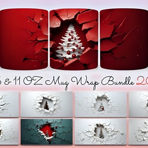 Peut inclure: Un lot de motifs 3D pour mug avec un sapin de Noël qui émerge d'un mur rouge fissuré. Le lot comprend plus de 20 fichiers PNG pour des mugs de 15 et 11 onces.