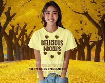 Yellow Bella Canvas 3001 T-Shirt Mockup for Etsy & Amazon + Revolutionary Social Media Marketing Kit - 10  Fully Optimized Images