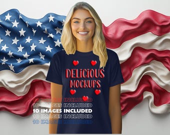 Navy Blue Bella Canvas 3001 T-Shirt  USA Flag Mockup for Etsy & Amazon + Revolutionary Social Media Marketing Kit - 10 Patriotic Images