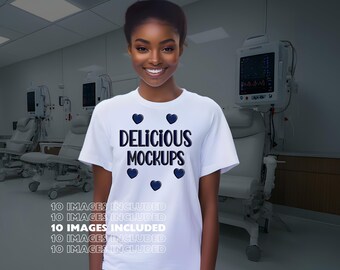 White Dialysis Nurse Bella Canvas T-Shirt Mockup, Etsy & Amazon + Revolutionary Social Media Marketing Kit - 10 Renal Care Nephrology Images