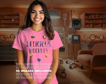 Heather Charity Pink Bella Canvas 3001 T-Shirt Neonatal NICU Nurse Mockup for Etsy, Amazon + Revolutionary Social Media Kit, Ten Images