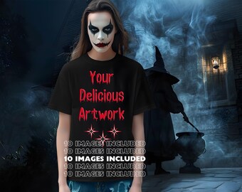 Scary Halloween Black Bella Canvas 3001 T-Shirt Mockup Unisex for Etsy & Amazon + Revolutionary Social Media Marketing Kit, Ten 10 Images