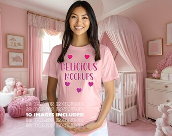 Pink Bella Canvas T-Shirt  Pregnancy Mockup for Etsy, Amazon + Revolutionary Social Media Marketing Kit, Ten Gender Revealed Pregnant Images