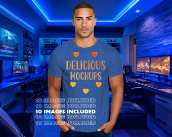 Heather True Royal Blue Bella Canvas 3001 T-Shirt Gamer Mockup for Etsy, Amazon + Revolutionary Social Media Kit, Ten Marketing Images