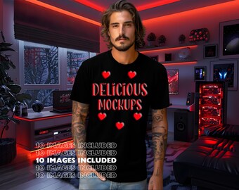 Black Bella Canvas 3001 T-Shirt Gaming Mockup for Etsy & Amazon Listings + Revolutionary Social Media Marketing Kit - Ten 10 Gamer Images