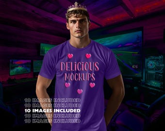 Team Purple Bella Canvas 3001 T-Shirt Gaming King Mockup for Etsy, Amazon + Revolutionary Social Media Kit, Ten Optimized Gamer Images