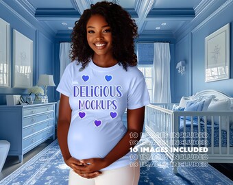 Baby Blue Bella Canvas T-Shirt Pregnancy Mockup for Etsy, Amazon + Revolutionary Social Media Marketing Kit, TenOB/GYN  Gender Reveal Images