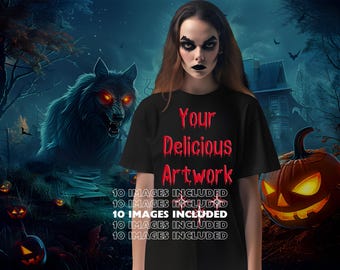 Scary Halloween Black Bella Canvas 3001 T-Shirt Mockup Unisex for Etsy & Amazon + Revolutionary Social Media Marketing Kit, Ten 10 Images B2