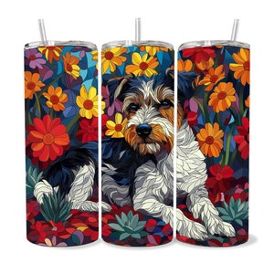 Puede incluir: Tres vasos de acero inoxidable con un diseño de vitral colorido que presenta un perro blanco y negro en un campo de flores.