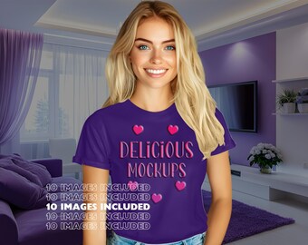 Team Purple Bella Canvas 3001 T-Shirt Gaming King Mockup for Etsy, Amazon + Revolutionary Social Media Kit, Ten Optimized Gamer Images